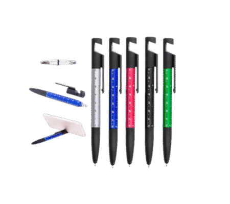 Stylo à bille 7 en 1 à mécanisme pivotant. Avec fonction de support, stylet, nettoyeur d´écran, règle intégrée dans le corps avec graduation en cm et en pouces et tournevis à tête plate et cruciforme. Encre bleue.couleurs assorties
