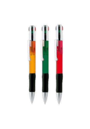 Stylo 4 en 1, mécanisme à poussoir rétractable, design classique et corps translucide.Couleurs assorties
