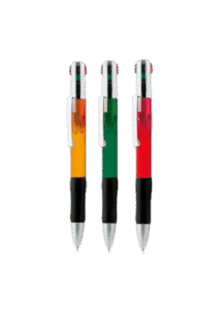 Stylo 4 en 1, mécanisme à poussoir rétractable, design classique et corps translucide.Couleurs assorties