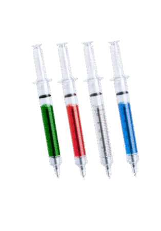 Stylo original au design de seringue. Liquide intérieur de couleur vive.Encre bleue. Couleurs assorties