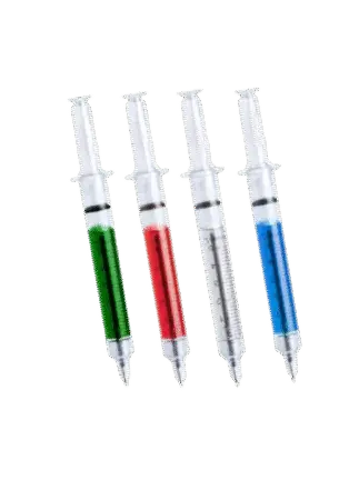 Stylo original au design de seringue. Liquide intérieur de couleur vive.Encre bleue. Couleurs assorties