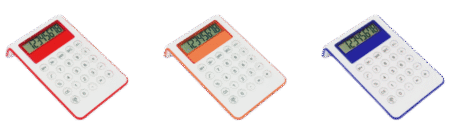 Calculatrice à 8 chiffres au design bicolore original et touches souples transparentes. Coulerus assorties.Pile bouton incluse
