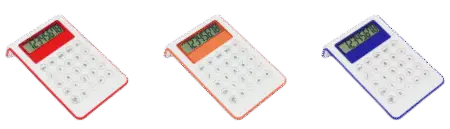 Calculatrice à 8 chiffres au design bicolore original et touches souples transparentes. Coulerus assorties.Pile bouton incluse