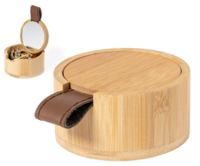 Boîte à bijoux en bambou. Avec 4 compartiments intérieurs, couvercle avec poignée en PU et miroir
