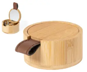 Boîte à bijoux en bambou. Avec 4 compartiments intérieurs, couvercle avec poignée en PU et miroir