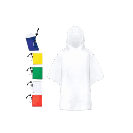 Poncho de pluie pour enfant présenté dans un étui en polyerter avec mousqueton assorti et une fermeture réglable