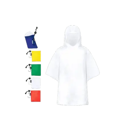 Poncho de pluie pour enfant présenté dans un étui en polyerter avec mousqueton assorti et une fermeture réglable