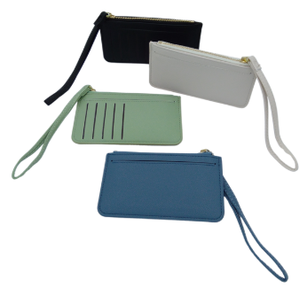 Porte monnaie zippé, avec porte cartes, av laniere couleurs assorties x12