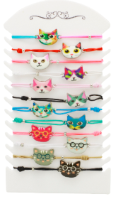 Bracelets fantaisie ajustables, forme tête de chat, coloris assortis X12