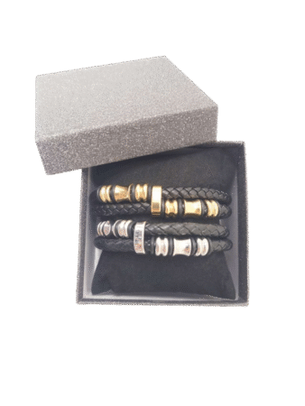 Bracelets homme en cuir et acier inox Gold assortis