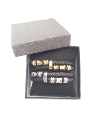 Bracelets homme en cuir et acier inox Gold assortis