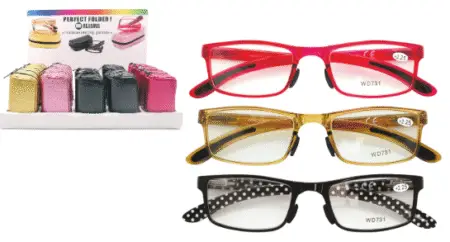 Présentoir de lunettes loupes pliables, pochette pailletée, couleurs ass x30pcs