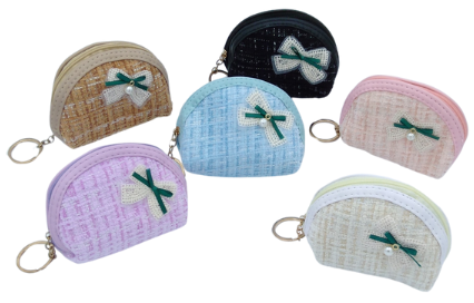 Porte monnaie, forme ovale avec nœud & perle coloris ass x12