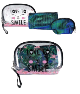 Pochette toilette en PU transparent et polyester motif chat assortis x12