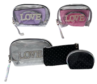 Pochette toilette en PU transparent et polyester texte love assortis x12
