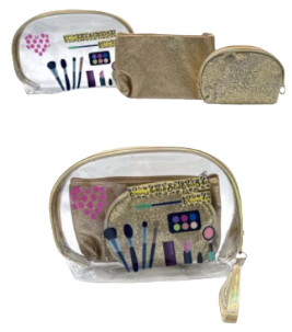 Pochette toilette en PU transparent et polyester motif maquillage assortis x12
