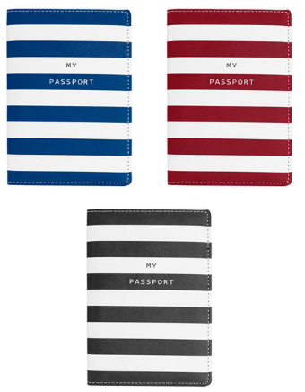 Protège passeport en PU motif rayé bleu , rouge ou noir assortis