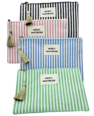 Pochette cosmetique en tissu rayure "merci maitresse"  couleurs assorties 205x15x140mm