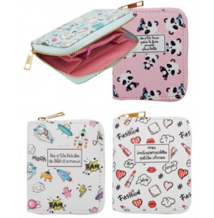 Porte monnaie zippé en PU, dessins colorés assortis x 12