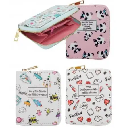 Porte monnaie zippé en PU, dessins colorés assortis x 12