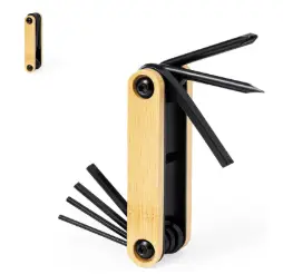 Multi outils en acier/carbone noir et boitier en bambou et 7 fonctions : clés allen, tournevis plat et cruciformes.