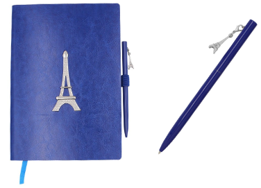 Carnet A5, 96 pages blanches 100g, couverture PU bleu, Tour Eiffel + stylo