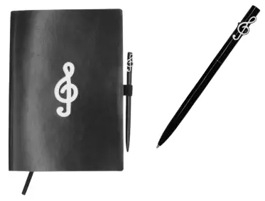 Carnet A5, 96 pages blanches 100g, couverture PU noir, thème musique + stylo