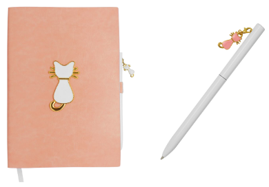 Carnet A5, 96 pages blanches 100g, couverture PU rose, thème chat + stylo