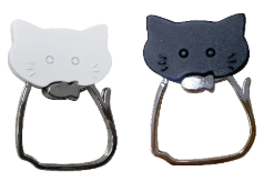 Porte-clés chat métal laqué mat, avec crochet ressort, 2 coloris noir et blanc
