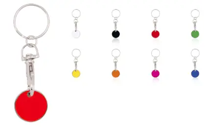 Porte-clés avec jeton aux couleurs variées. Monnaie amovible et fermeture par mousqueton métal