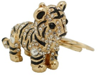 Porte-clés tigre en métal doré émail et strass