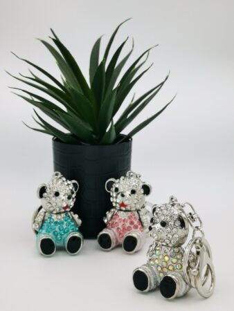 Porte-clés en métal silver & strass ourson assis assortis