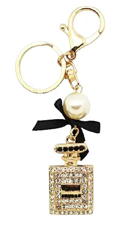 Porte-clés parfum-perle en metal doré avec strass
