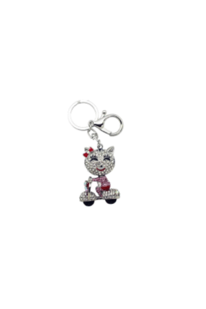 Porte-clés chat rose en scooter en metal silver avec strass