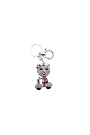 Porte-clés chat rose en scooter en metal silver avec strass