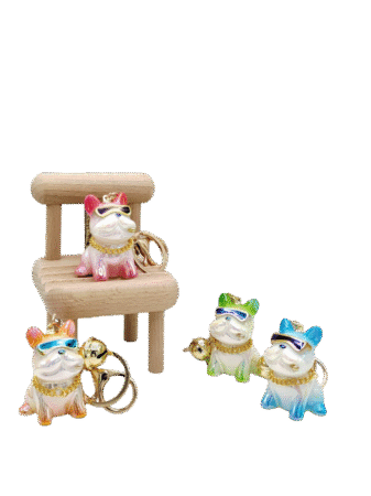 Porte-clés chien bulldog bicolore avec lunettes  assortis