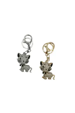 Porte-clés chat en métal gold & sylver strass modèles assortis