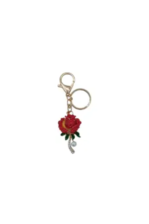 Porte-clés  Rose rouge strass et perle blanche