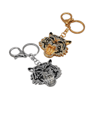 Porte-clés tête de tigre bouche ouverte en métal Gold & strass