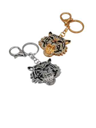 Porte-clés tête de tigre bouche ouverte en métal Gold & strass