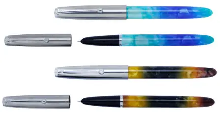 Stylo plume carénée,en celluloid, assortis bleu et ambré, x 6 pcs