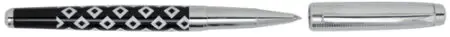 Stylo roller laqué noir dessins blancs, capuchon métal chromé