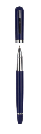 Stylo roller métal laqué bleu, attributs chromés