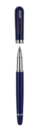 Stylo roller métal laqué bleu, attributs chromés