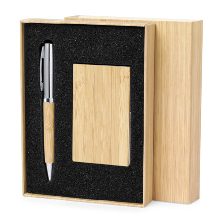 Set de stylos et porte-cartes en bambou et métal