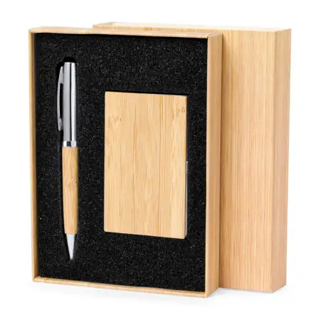 Set de stylos et porte-cartes en bambou et métal