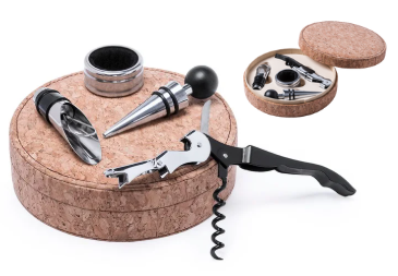 Ensemble vin, 4 accessoires dans coffret rond en liège