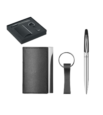 Set cadeau d'affaires incluant un stylo bille twist,un porte-clés, porte-carte