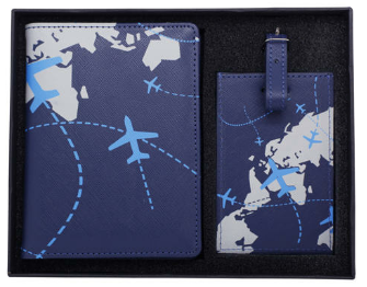 Coffret protège-passeport + étiquette à bagage bleus, motifs avions