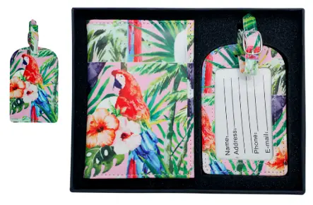 Coffret protège-passeport + étiquette à bagage, motifs perroquet